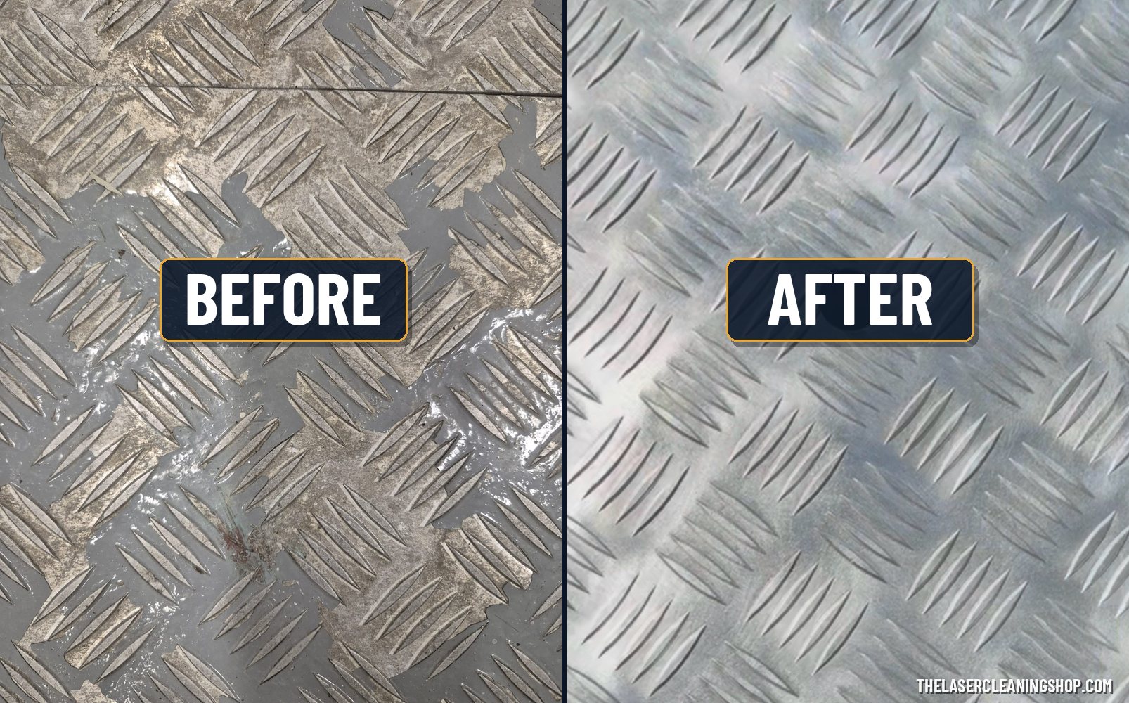 Real before and after: yacht engine room aluminum diamond-plate floor panel laser cleaned from worn grey coating and grime to bright bare aluminum — The Laser Cleaning Shop