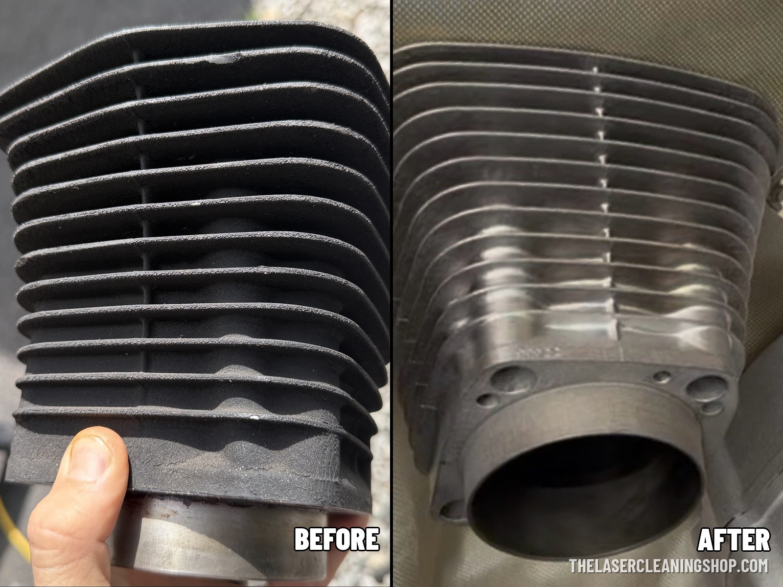 Motorcycle cylinder fins before and after laser cleaning, side by side — carbon and oxidation removed to bare metal, NJ