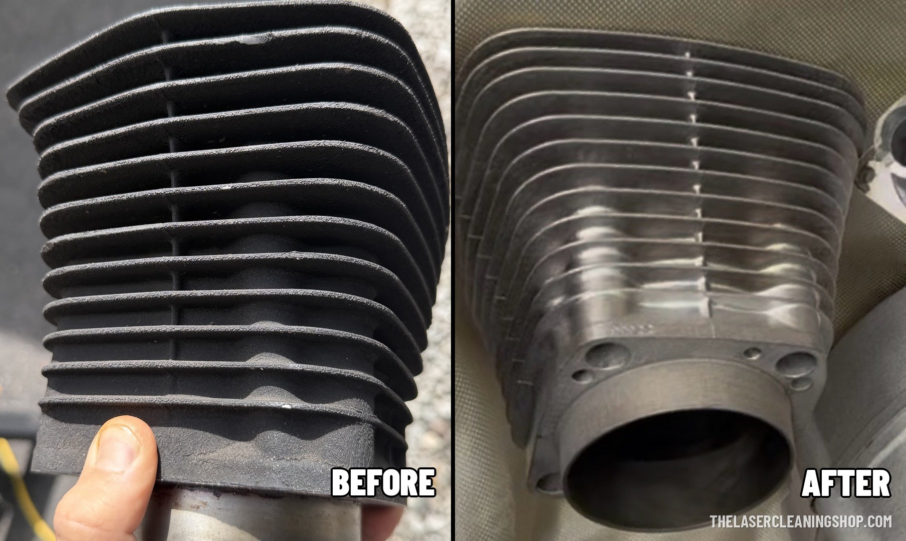 Motorcycle engine cylinder before and after laser cleaning, side by side — carbon and oxidation removed to bare metal, NJ