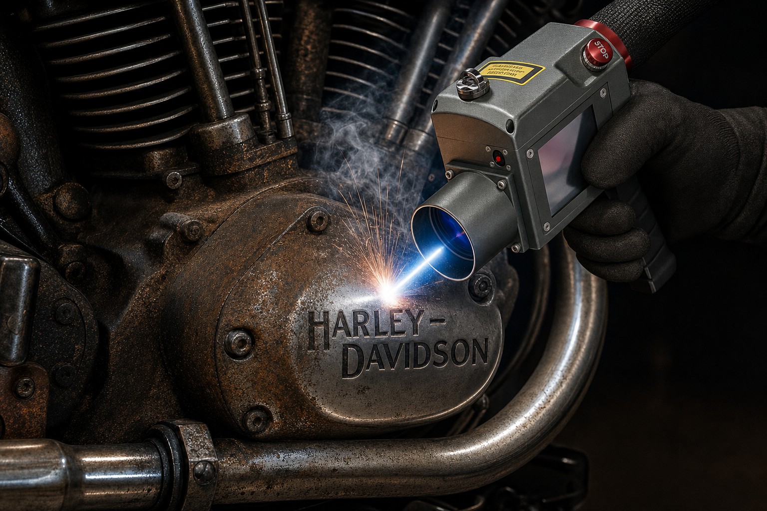 Laser cleaning a Harley-Davidson engine case — sparks and smoke