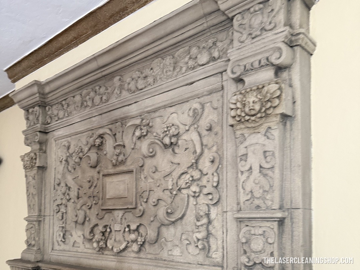 Ornate carved stone fireplace mantel in an estate home, laser cleaned — NJ
