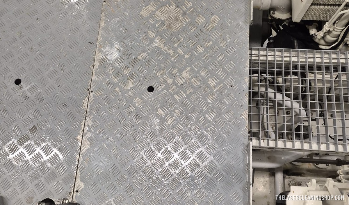 Yacht engine room aluminum diamond-plate floor panels before laser cleaning — marine laser cleaning, NJ